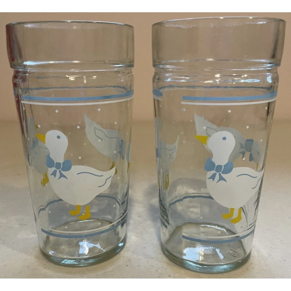 Vtg Set 4 Geese Goose Duck Glasses Cups Blue Ribbon Bow Libbey Anchor Hocking